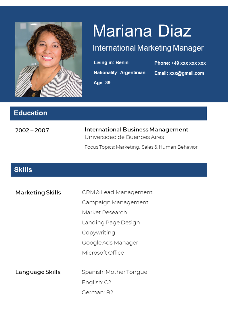 Example how to write a CV for Germany with a one column layout, page 2